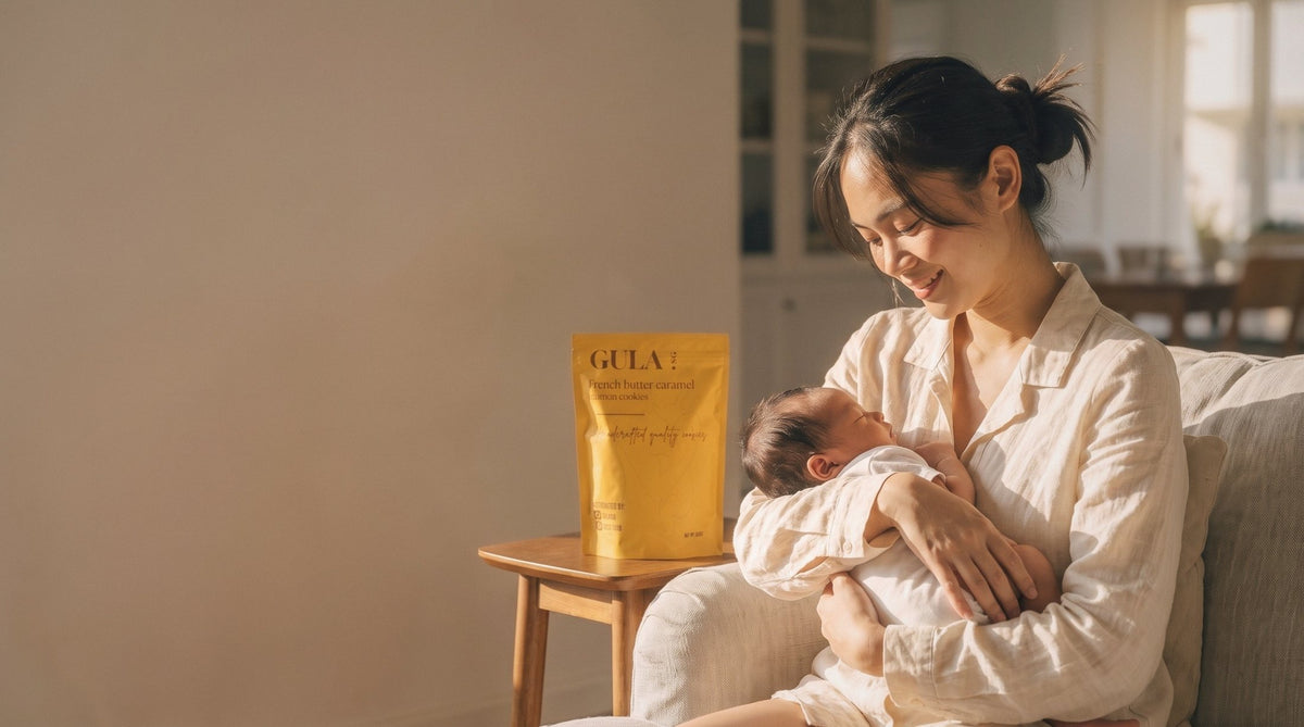 Mum at home with her baby and a Gula pouch